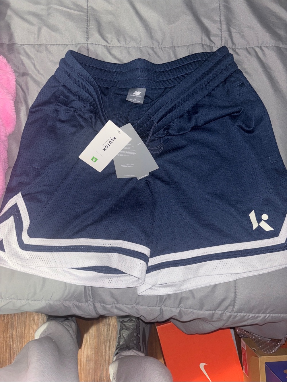 New Balance Mens Navy Athletic Mesh Basketball Shorts with White Stripes